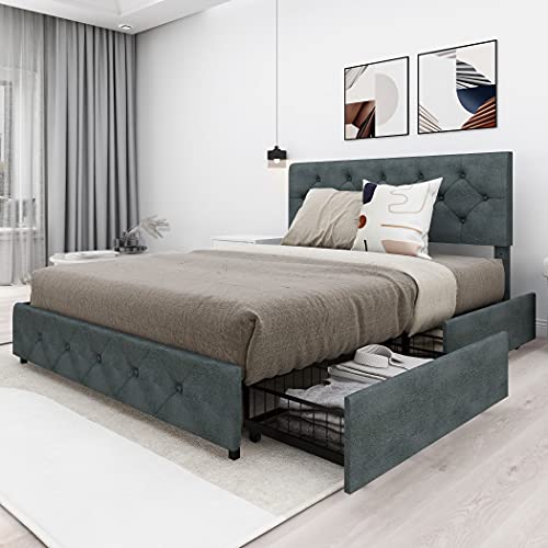 Wancla Queen Upholstered Platform Bed Frame with 4 Storage Drawers