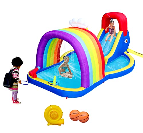 WELLFUNTIME Inflatable Water Park with Blower and Rainbow Sprinkler