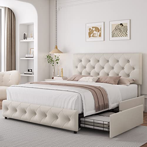 Queen Bed Frame with 4 Storage Drawers and Adjustable Headboard